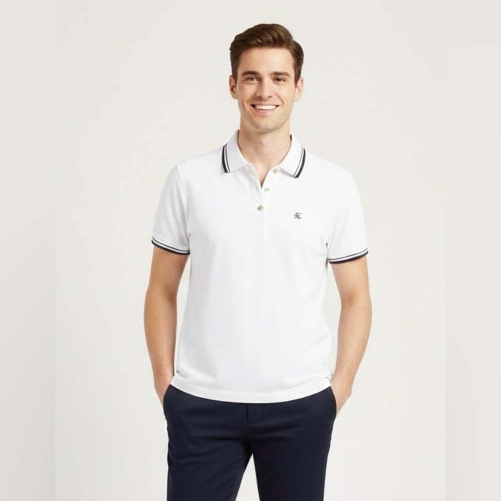 Escada Sport White/Blue Trim Polo, Short Sleeved, Unisex, Chic & Classy, Small